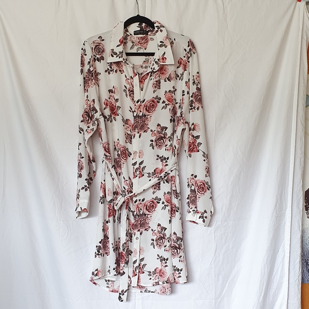 F21 white belted shirt dress with pink roses